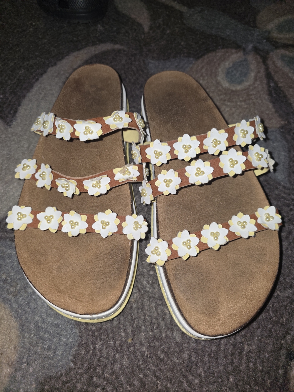 NOBO Brown Triple-Strap Floral Slide Sandals with White & Yellow Accents